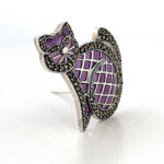 Cat Brooch Art Deco Style With Purple Enamel And Marcasite, finished in 925 English Hallmarked Sterling Silver