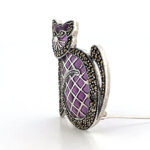 Cat Brooch Art Deco Style With Purple Enamel And Marcasite, finished in 925 English Hallmarked Sterling Silver