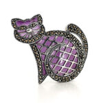 Cat Brooch Art Deco Style With Purple Enamel And Marcasite, finished in 925 English Hallmarked Sterling Silver