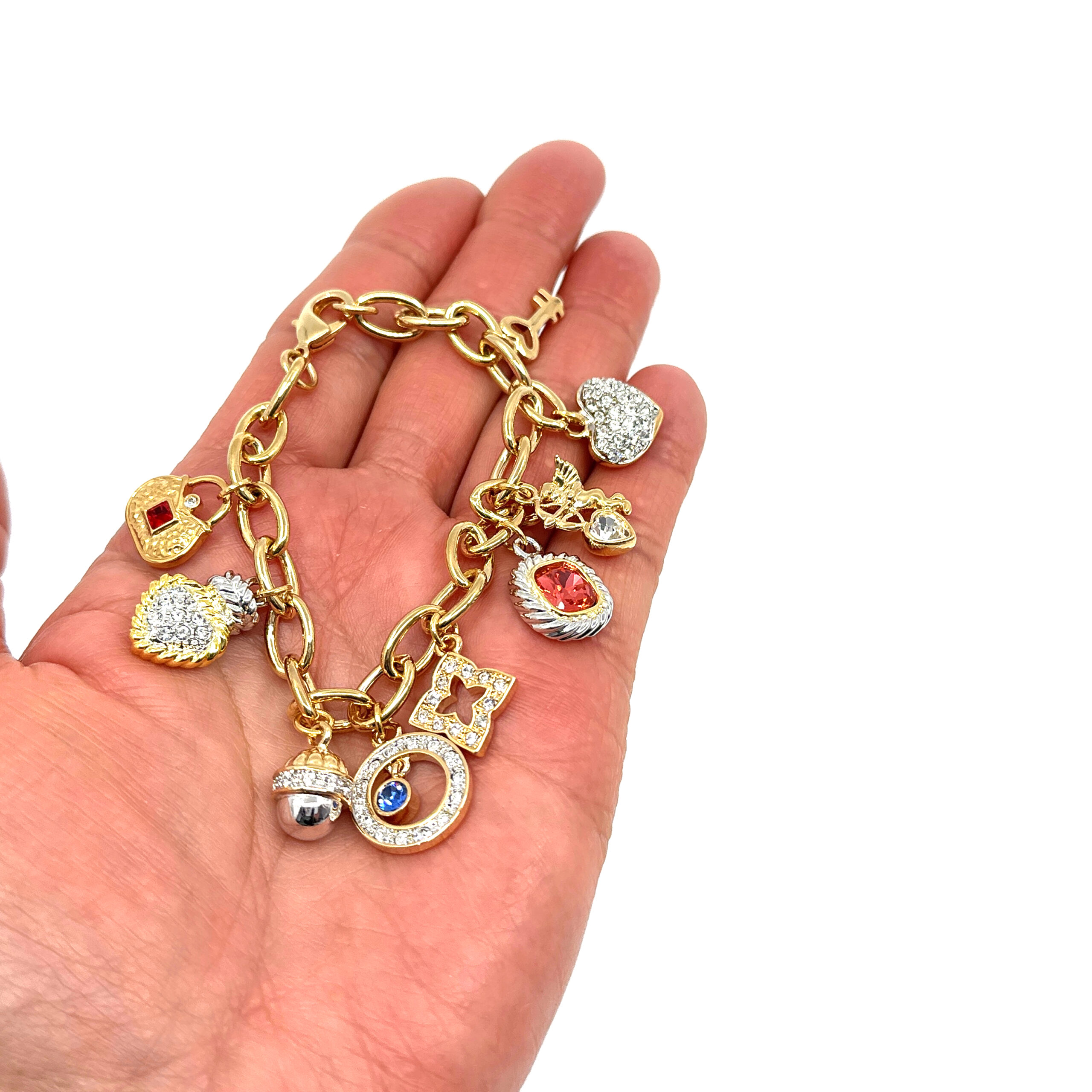 TC8 (2) Charm Bracelet 1950s Style Gold Plated Metal Alloy Set With Clear Czech Crystals And Jewellers Enamel