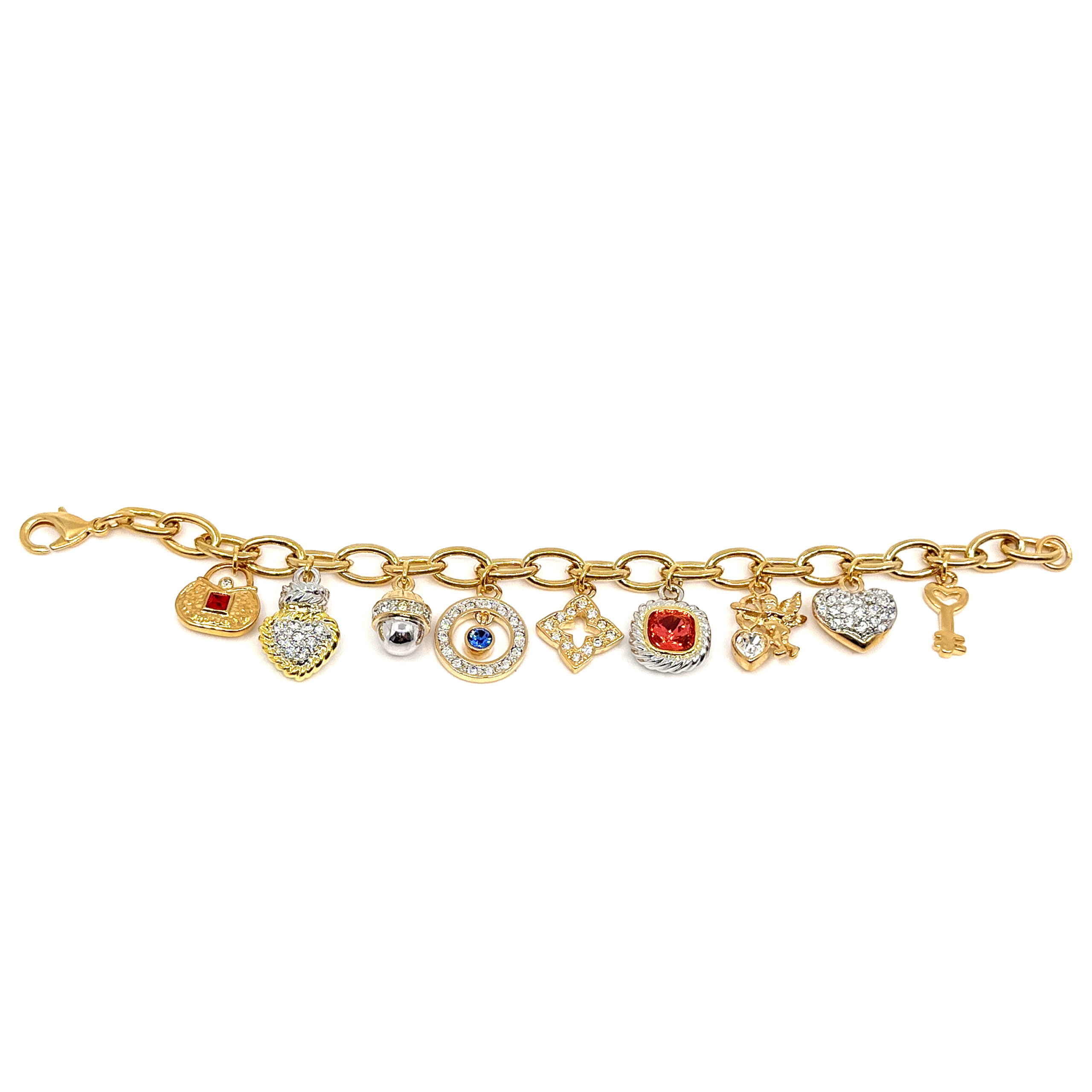 TC8 (4) Charm Bracelet 1950s Style Gold Plated Metal Alloy Set With Clear Czech Crystals And Jewellers Enamel