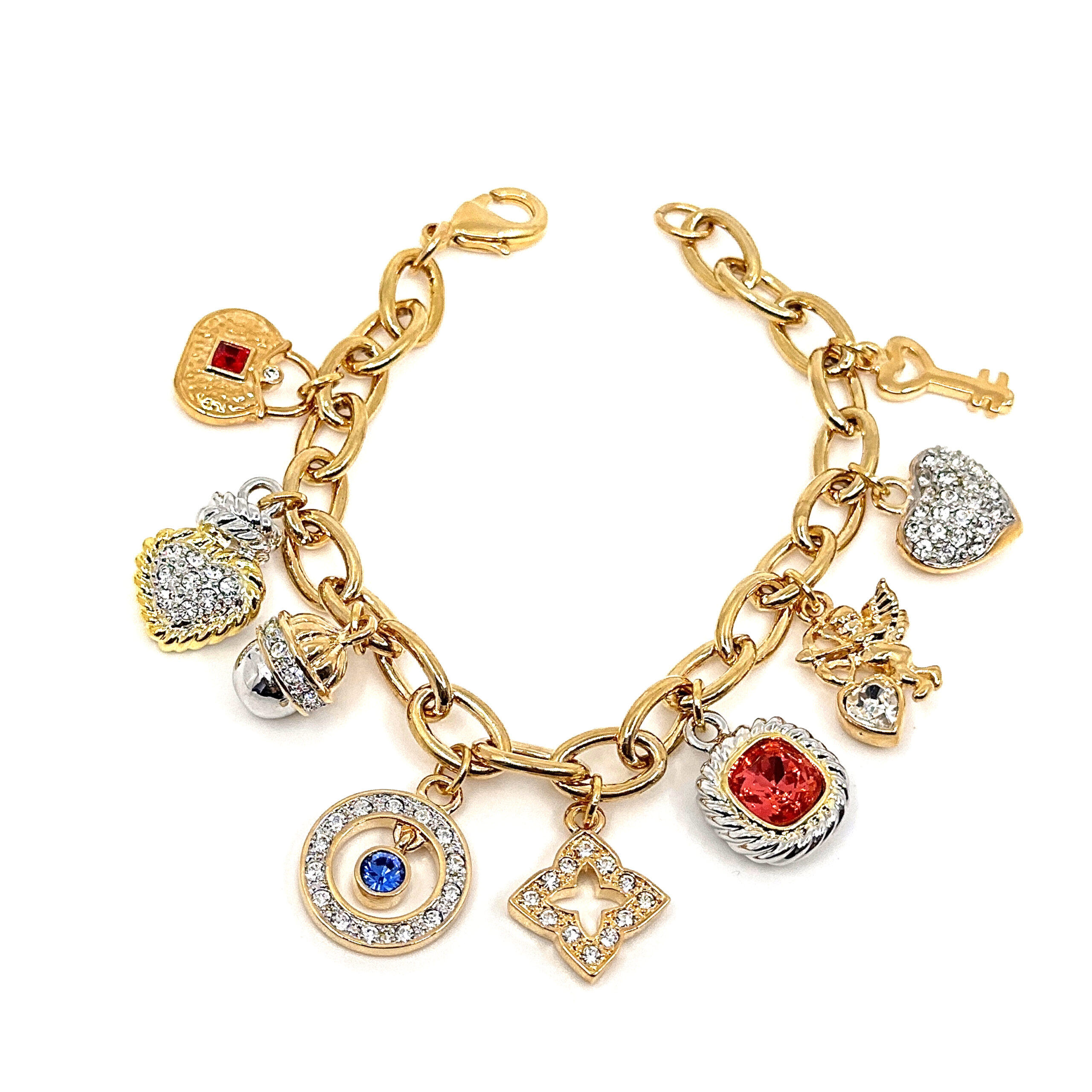 TC8 (11) Charm Bracelet 1950s Style Gold Plated Metal Alloy Set With Clear Czech Crystals And Jewellers Enamel