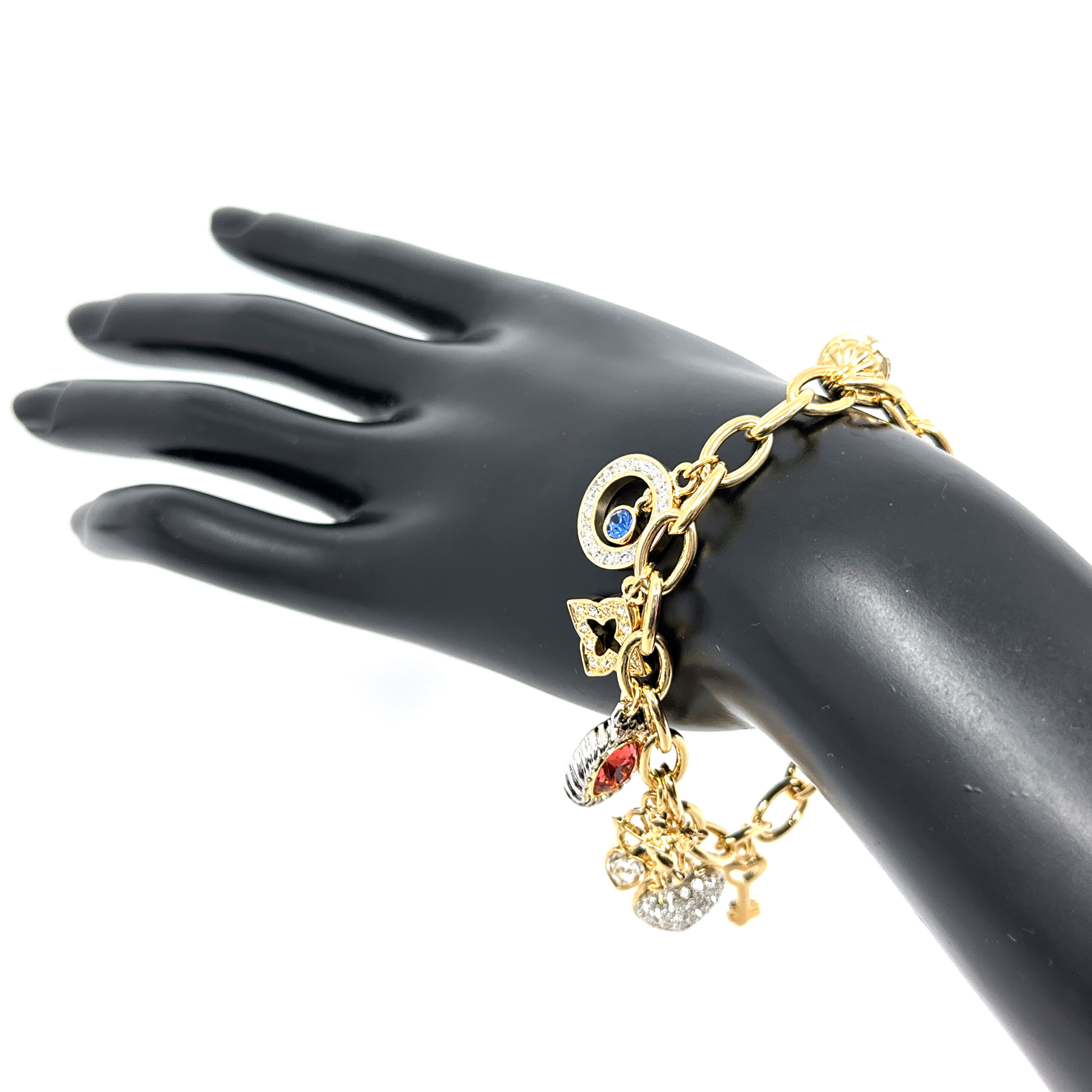 TC8 (8) Charm Bracelet 1950s Style Gold Plated Metal Alloy Set With Clear Czech Crystals And Jewellers Enamel