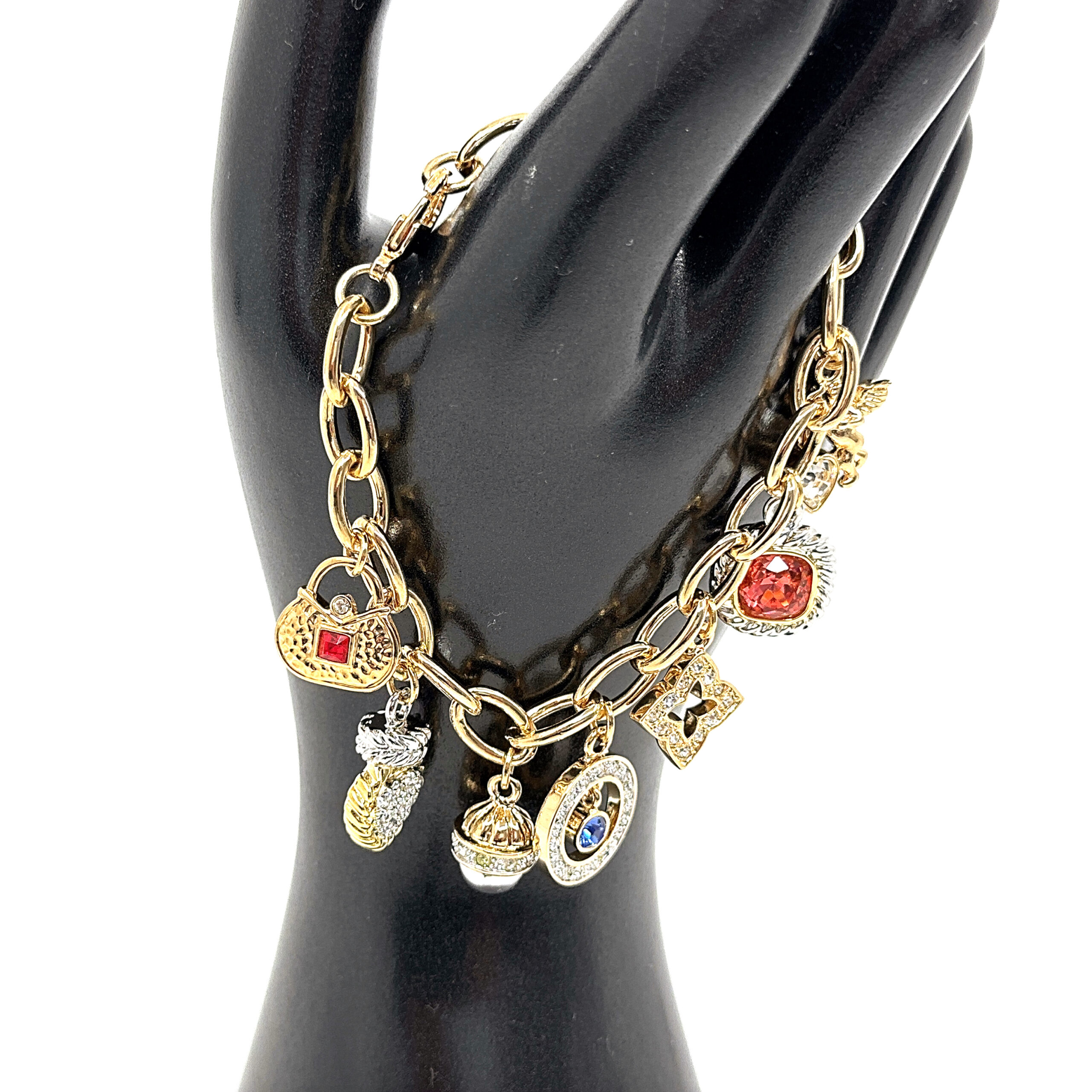 TC8 (1) Charm Bracelet 1950s Style Gold Plated Metal Alloy Set With Clear Czech Crystals And Jewellers Enamel