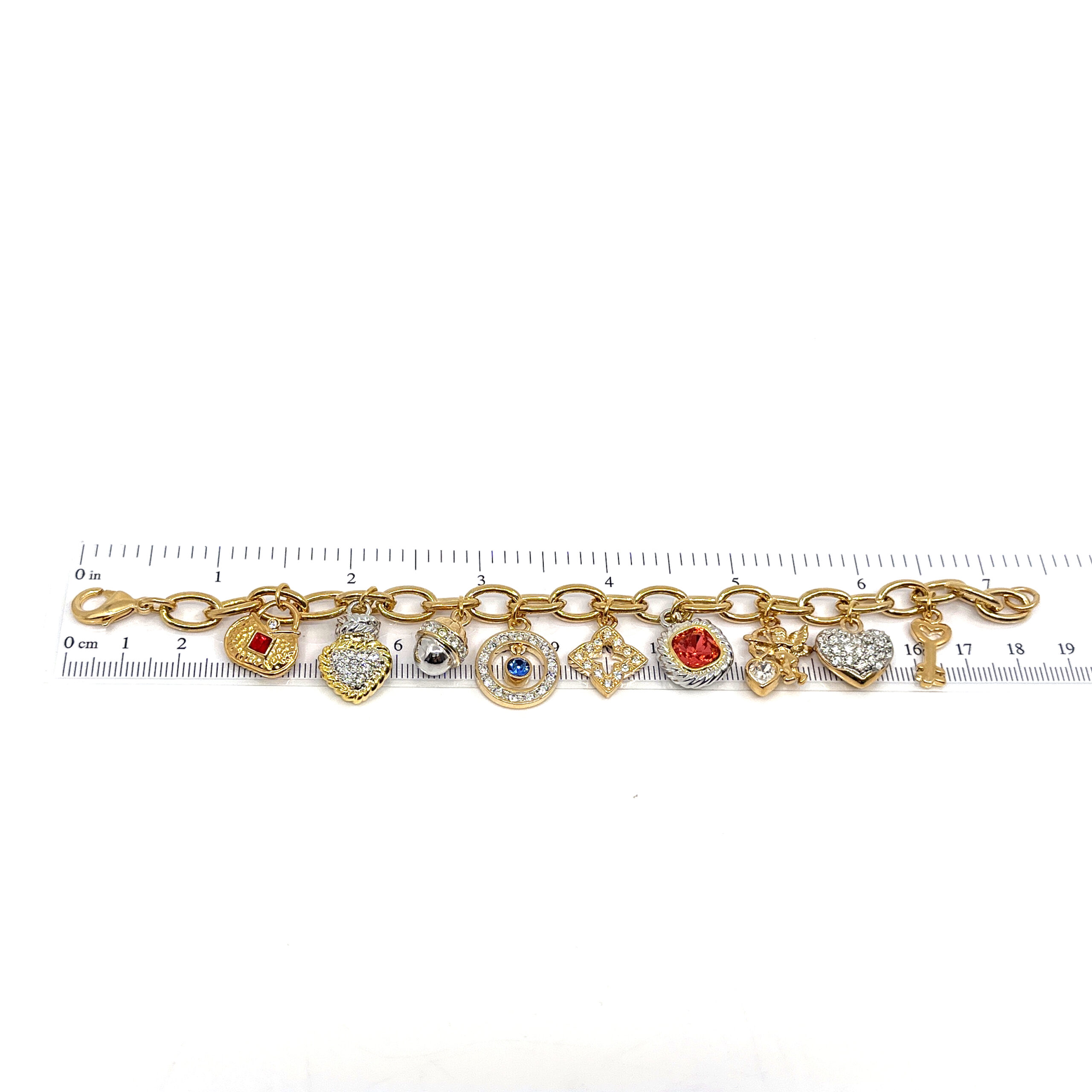 TC8 (7) Charm Bracelet 1950s Style Gold Plated Metal Alloy Set With Clear Czech Crystals And Jewellers Enamel