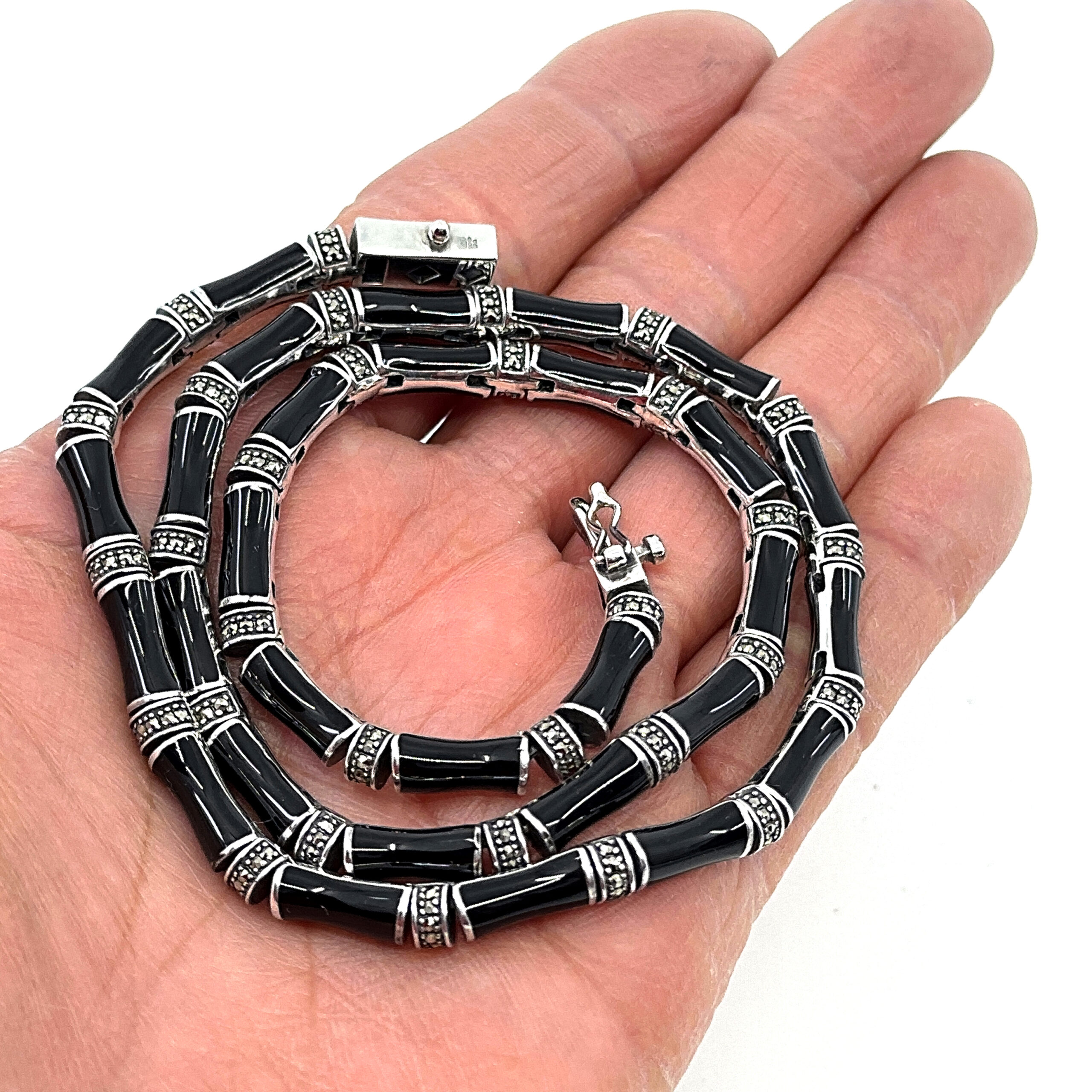 NK539 (5) Bamboo Style Choker Necklace With Black Enamel And Marcasite Finished In 925 English Hallmarked Sterling Silver