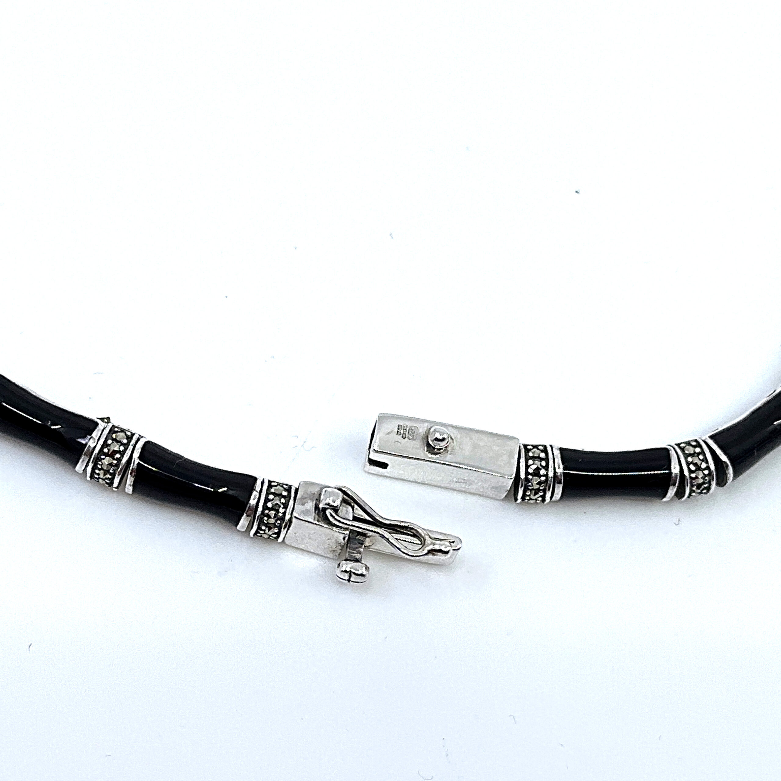 NK539 (6) Bamboo Style Choker Necklace With Black Enamel And Marcasite Finished In 925 English Hallmarked Sterling Silver