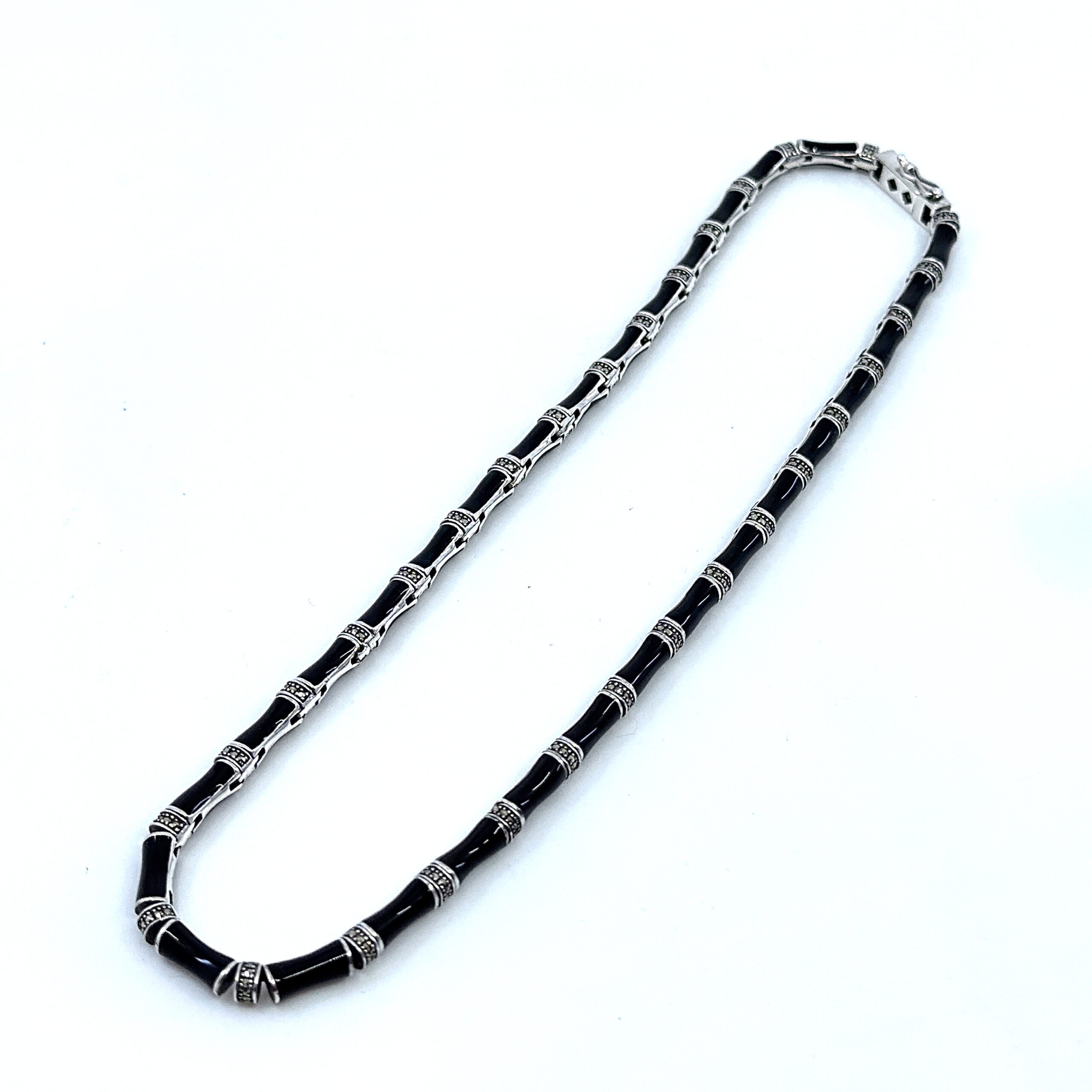 NK539 (9) Bamboo Style Choker Necklace With Black Enamel And Marcasite Finished In 925 English Hallmarked Sterling Silver
