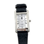 Classic Rectangular Watch With Embossed Black Leather Strap and Black Onyx Winder Finished In 925 English Hallmarked Sterling Silver