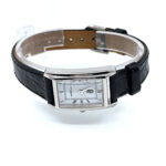 Classic Rectangular Watch With Embossed Black Leather Strap and Black Onyx Winder Finished In 925 English Hallmarked Sterling Silver