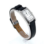 Classic Rectangular Watch With Embossed Black Leather Strap and Black Onyx Winder Finished In 925 English Hallmarked Sterling Silver