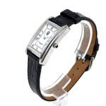 Classic Rectangular Watch With Embossed Black Leather Strap and Black Onyx Winder Finished In 925 English Hallmarked Sterling Silver