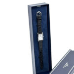 Classic Rectangular Watch With Embossed Black Leather Strap and Black Onyx Winder Finished In 925 English Hallmarked Sterling Silver