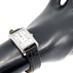 Classic Rectangular Watch With Embossed Black Leather Strap and Black Onyx Winder Finished In 925 English Hallmarked Sterling Silver