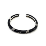 Cuff Bangle With Black Enamel And Marcasite Snap Clasp Design, finished in 925 English Hallmarked Sterling Silver