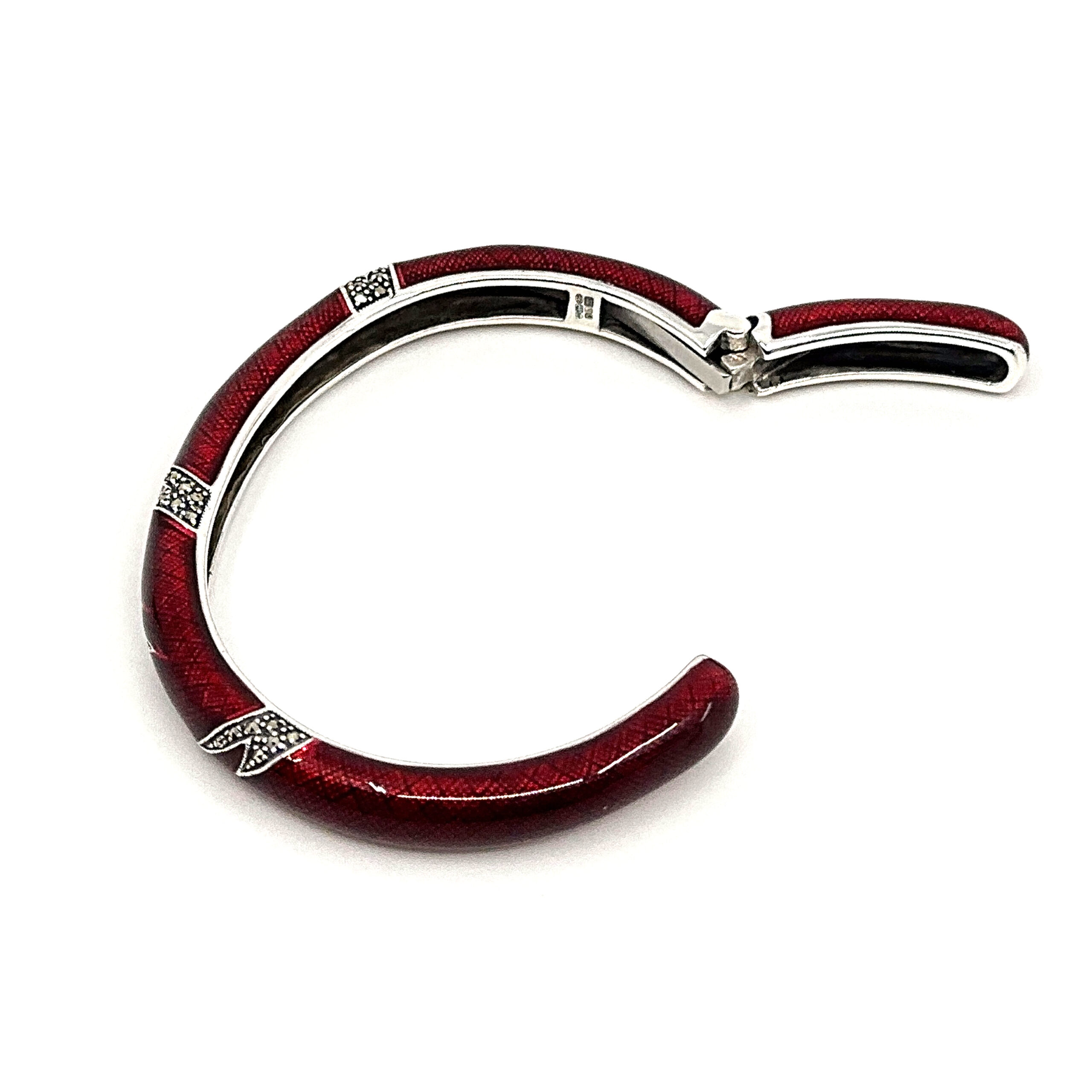 BE410 (8) Bangle With Red Enamel And Marcasite Hinged Design, finished in 925 English Hallmarked Sterling Silver