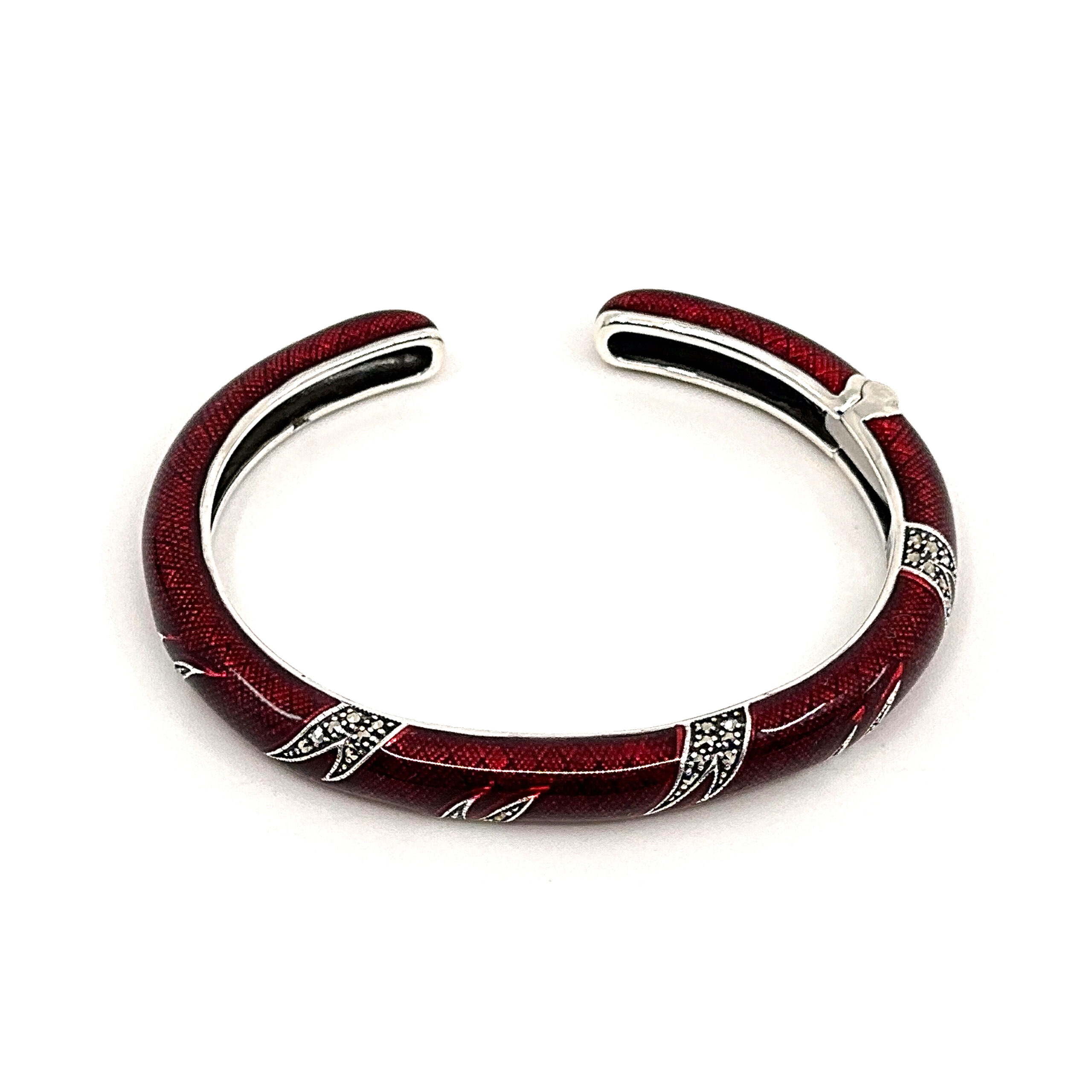 BE410 (7) Bangle With Red Enamel And Marcasite Hinged Design, finished in 925 English Hallmarked Sterling Silver