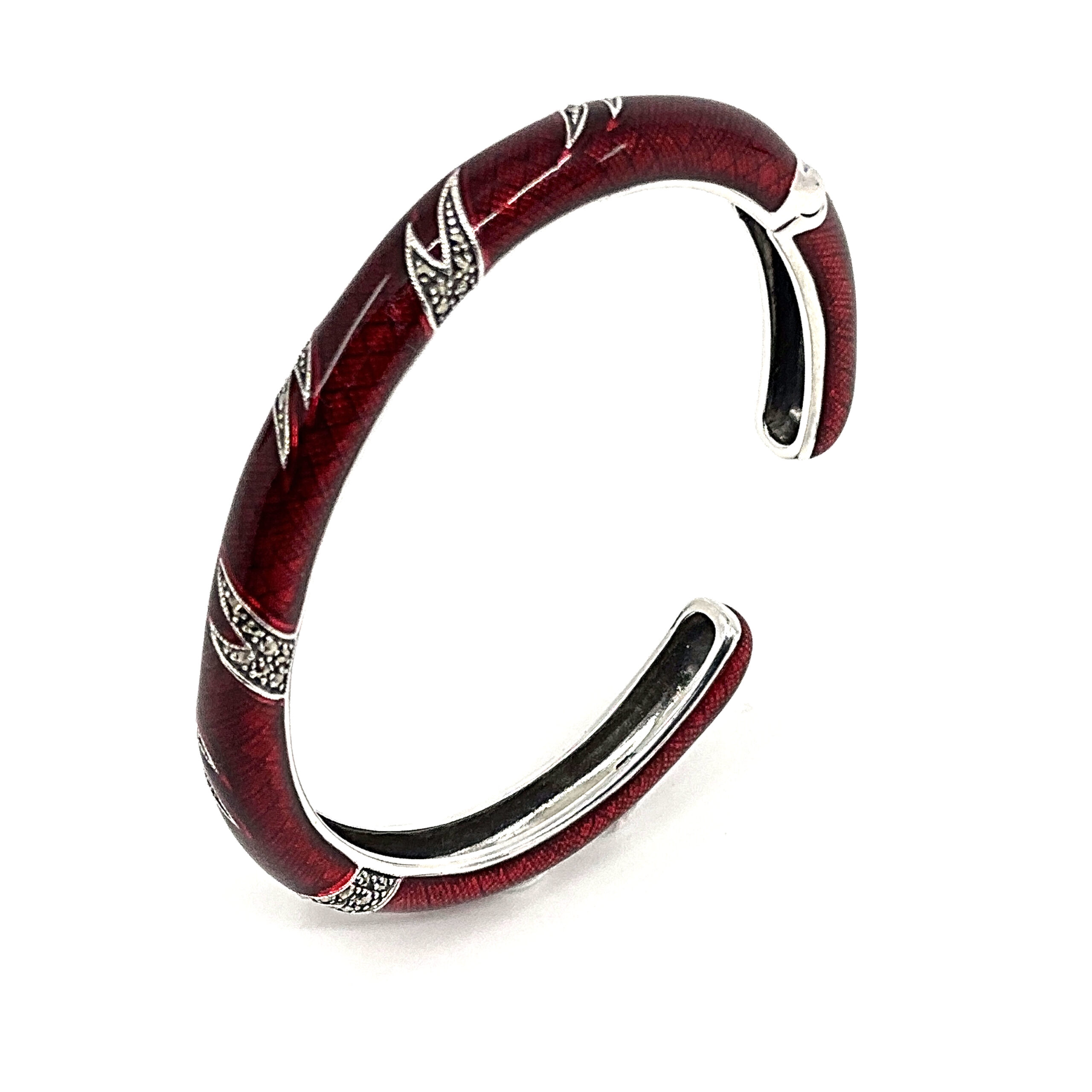 BE410 (1) Bangle With Red Enamel And Marcasite Hinged Design, finished in 925 English Hallmarked Sterling Silver