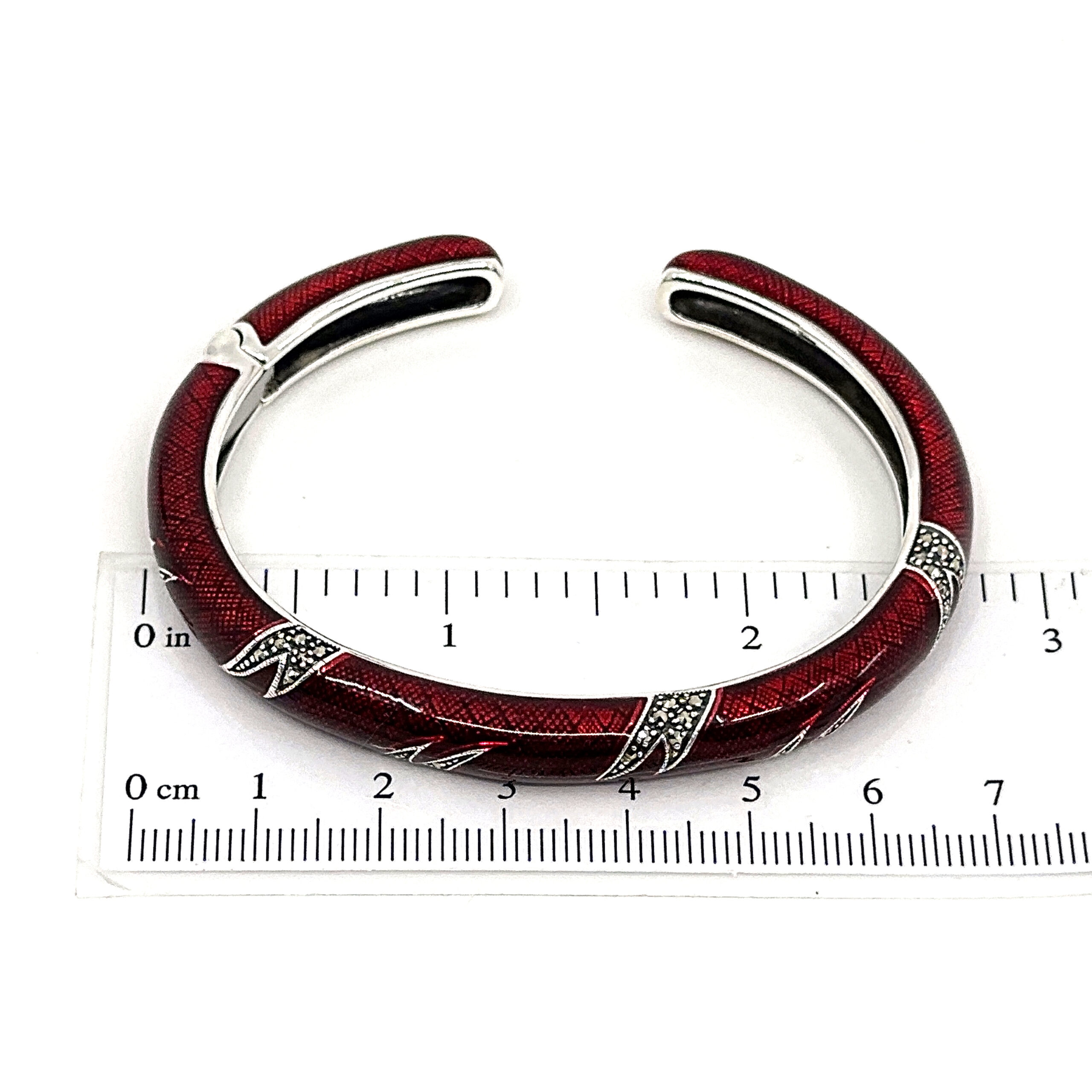 BE410 (2) Bangle With Red Enamel And Marcasite Hinged Design, finished in 925 English Hallmarked Sterling Silver