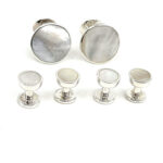 Cufflinks And Dress Shirt Stud Set With Mother Of Pearl, finished in 925 English Hallmarked Sterling Silver