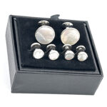 Cufflinks And Dress Shirt Stud Set With Mother Of Pearl, finished in 925 English Hallmarked Sterling Silver