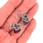Double Heart Drop Earrings With Red Enamel And Marcasite Detail Finished In 925 English Hallmarked Sterling Silver