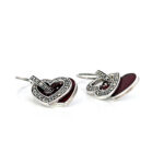 Double Heart Drop Earrings With Red Enamel And Marcasite Detail Finished In 925 English Hallmarked Sterling Silver