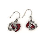 Double Heart Drop Earrings With Red Enamel And Marcasite Detail Finished In 925 English Hallmarked Sterling Silver