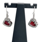 Double Heart Drop Earrings With Red Enamel And Marcasite Detail Finished In 925 English Hallmarked Sterling Silver