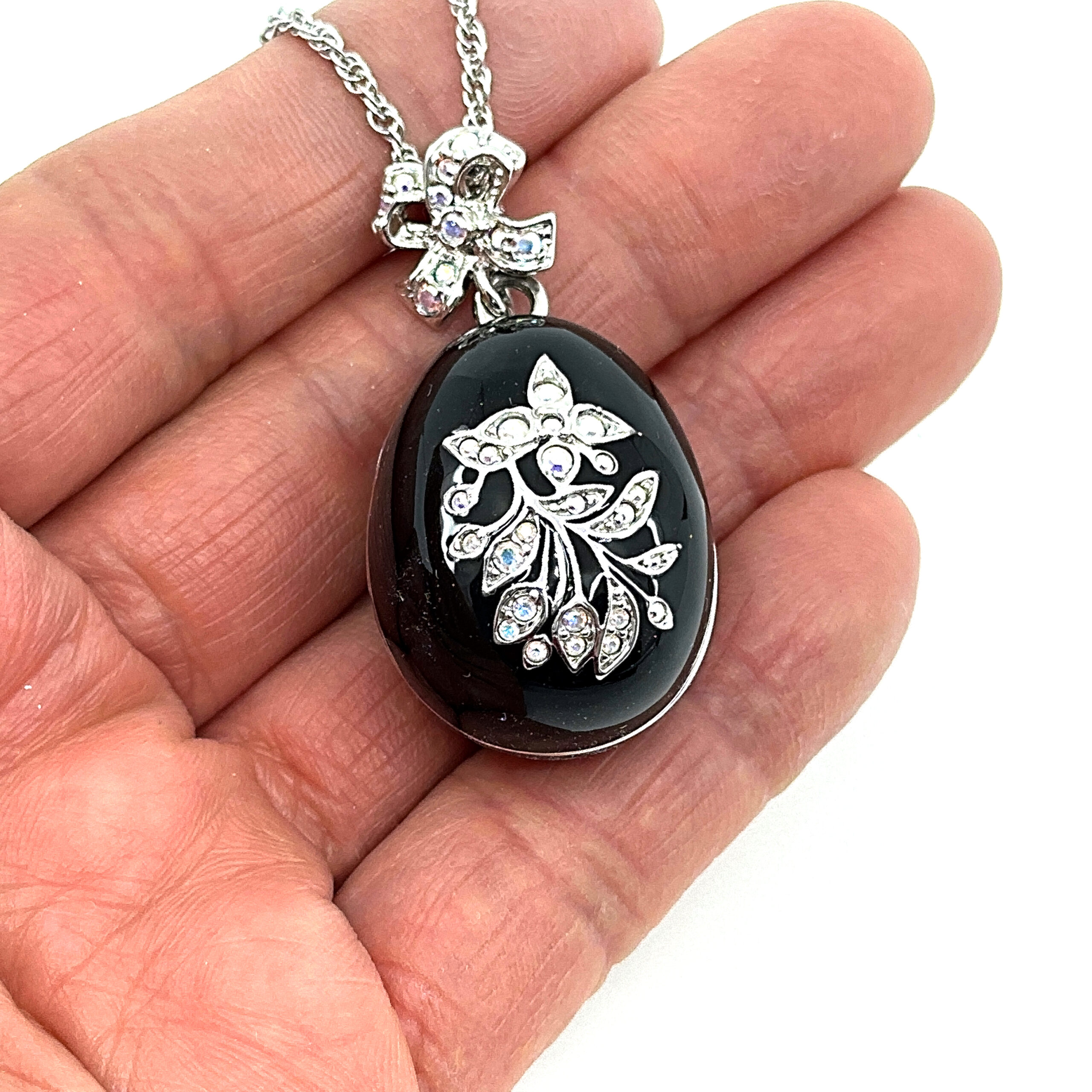 ANC12 (15) Dove Egg Pendant With Enamel And Sparkling Czech Crystals | Rhodium Plated