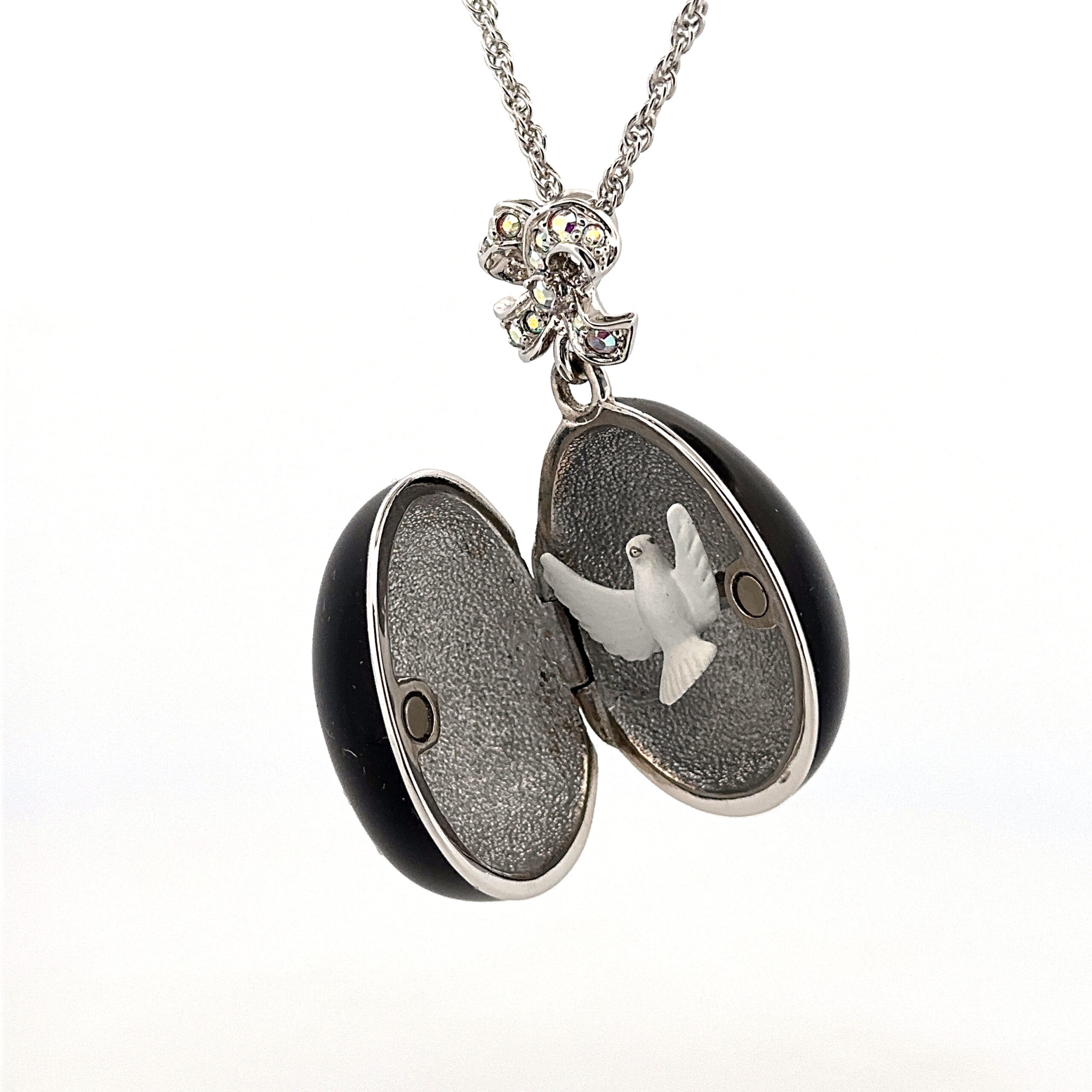 ANC12 (13) Dove Egg Pendant With Enamel And Sparkling Czech Crystals | Rhodium Plated
