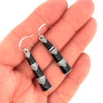 Bamboo Style Drop Earrings With Black Enamel And Marcasite Detail Finished In 925 English Hallmarked Sterling Silver