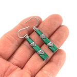 Bamboo Style Drop Earrings With Green Enamel And Marcasite Detail Finished In 925 English Hallmarked Sterling Silver