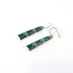 Bamboo Style Drop Earrings With Green Enamel And Marcasite Detail Finished In 925 English Hallmarked Sterling Silver
