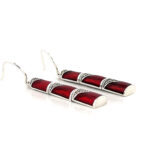 Bamboo Style Drop Earrings With Red Enamel And Marcasite Detail Finished In 925 English Hallmarked Sterling Silver