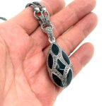 Elizabethan Style Egg Shaped Necklace With Green Enamel And Marcasite Finished In 925 English Hallmarked Sterling Silver