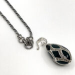 Elizabethan Style Egg Shaped Necklace With Green Enamel And Marcasite Finished In 925 English Hallmarked Sterling Silver