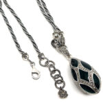 Elizabethan Style Egg Shaped Necklace With Green Enamel And Marcasite Finished In 925 English Hallmarked Sterling Silver