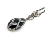 Elizabethan Style Egg Shaped Necklace With Green Enamel And Marcasite Finished In 925 English Hallmarked Sterling Silver