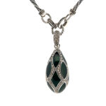 Elizabethan Style Egg Shaped Necklace With Green Enamel And Marcasite Finished In 925 English Hallmarked Sterling Silver