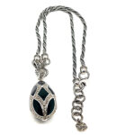 Elizabethan Style Egg Shaped Necklace With Green Enamel And Marcasite Finished In 925 English Hallmarked Sterling Silver
