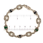 Art Deco Style Bracelet Set With Black Onyx Green Agate and Marcasite Finished in 925 English Hallmarked Sterling Silver