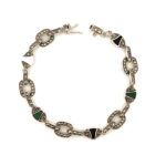 Art Deco Style Bracelet Set With Black Onyx Green Agate and Marcasite Finished in 925 English Hallmarked Sterling Silver