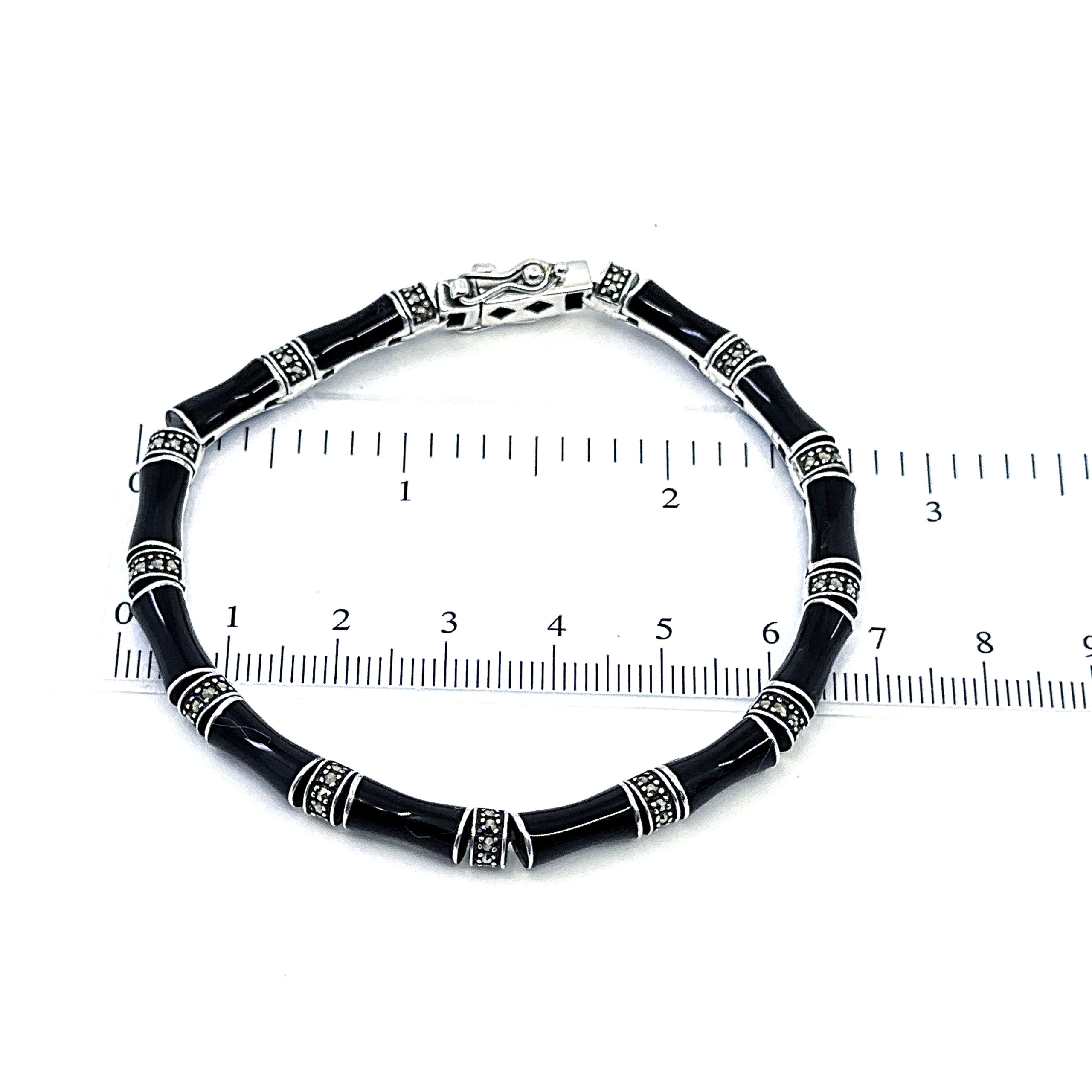BT525 (2) Bamboo Style Bracelet Set With Black Enamel And Marcasite In 925 English Hallmarked Sterling Silver