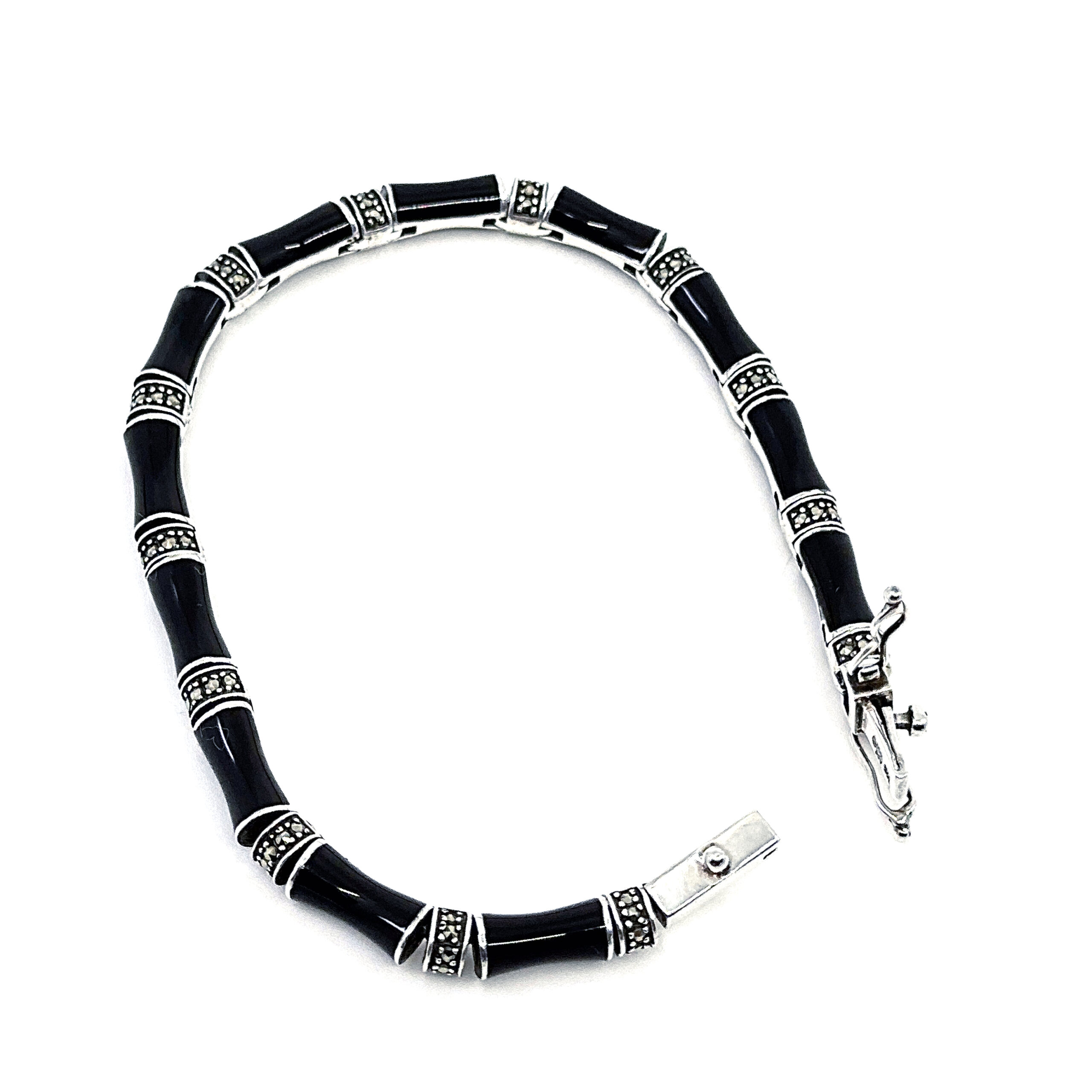 BT525 (9) Bamboo Style Bracelet Set With Black Enamel And Marcasite In 925 English Hallmarked Sterling Silver