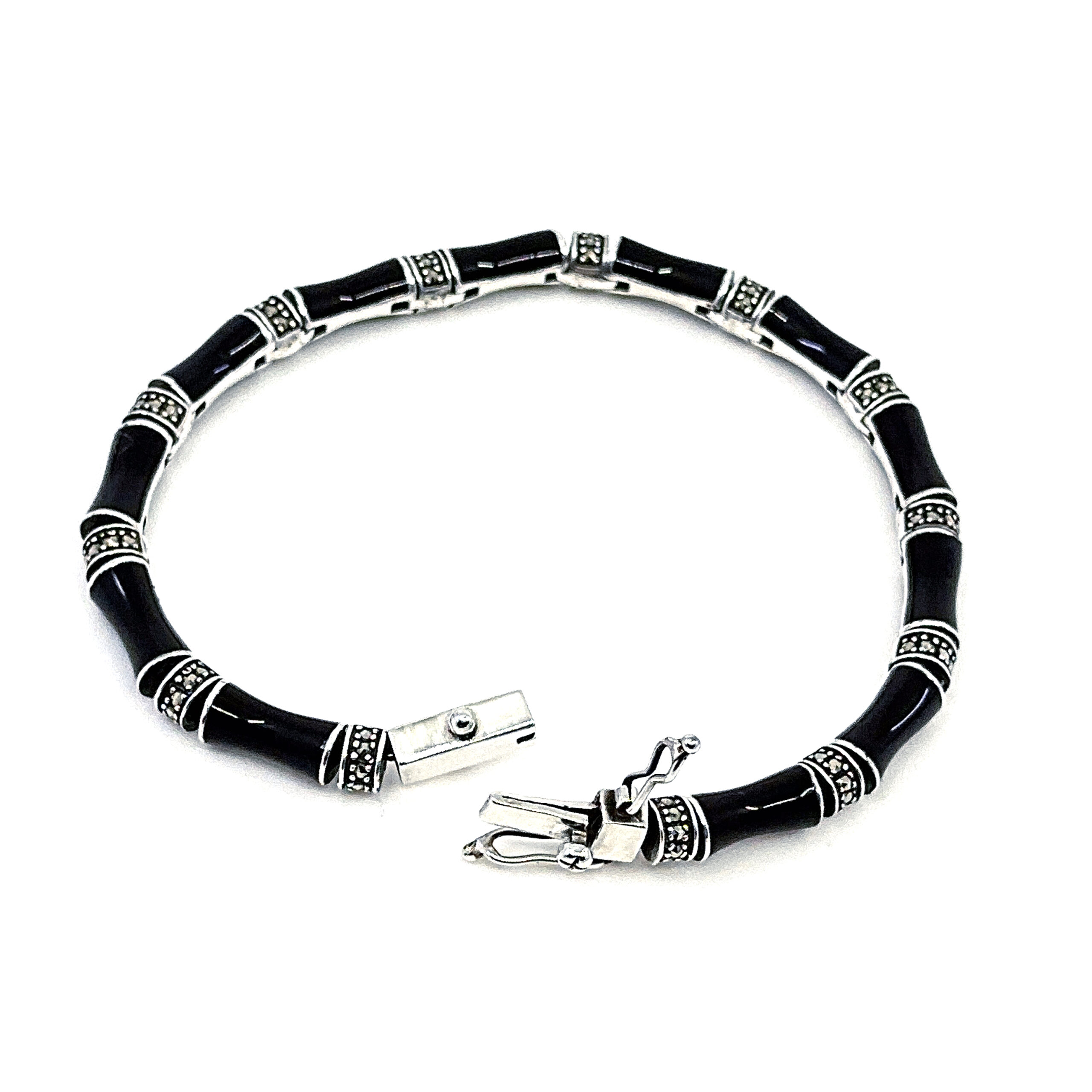 BT525 (5) Bamboo Style Bracelet Set With Black Enamel And Marcasite In 925 English Hallmarked Sterling Silver