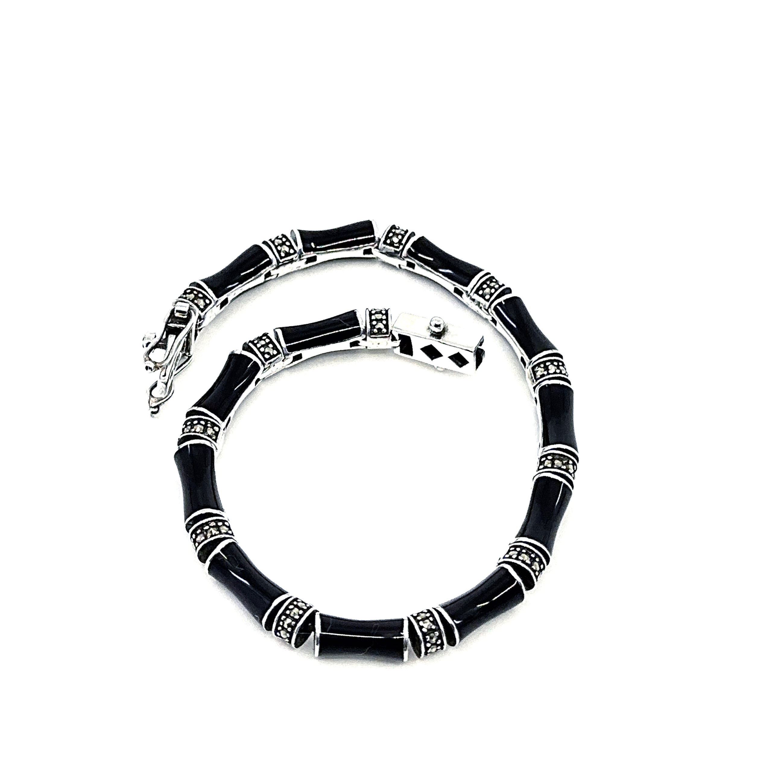 BT525 (7) Bamboo Style Bracelet Set With Black Enamel And Marcasite In 925 English Hallmarked Sterling Silver
