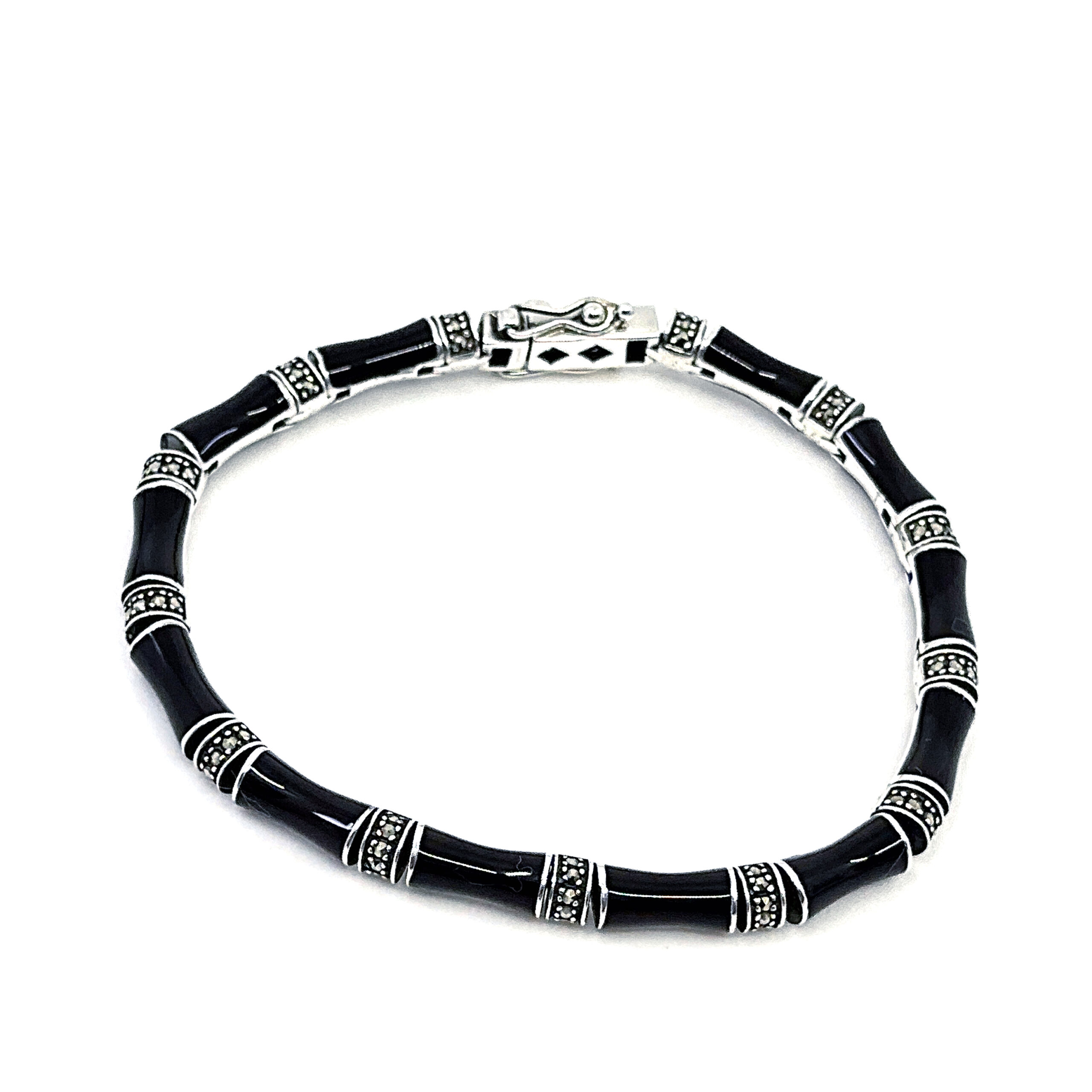 BT525 (10) Bamboo Style Bracelet Set With Black Enamel And Marcasite In 925 English Hallmarked Sterling Silver