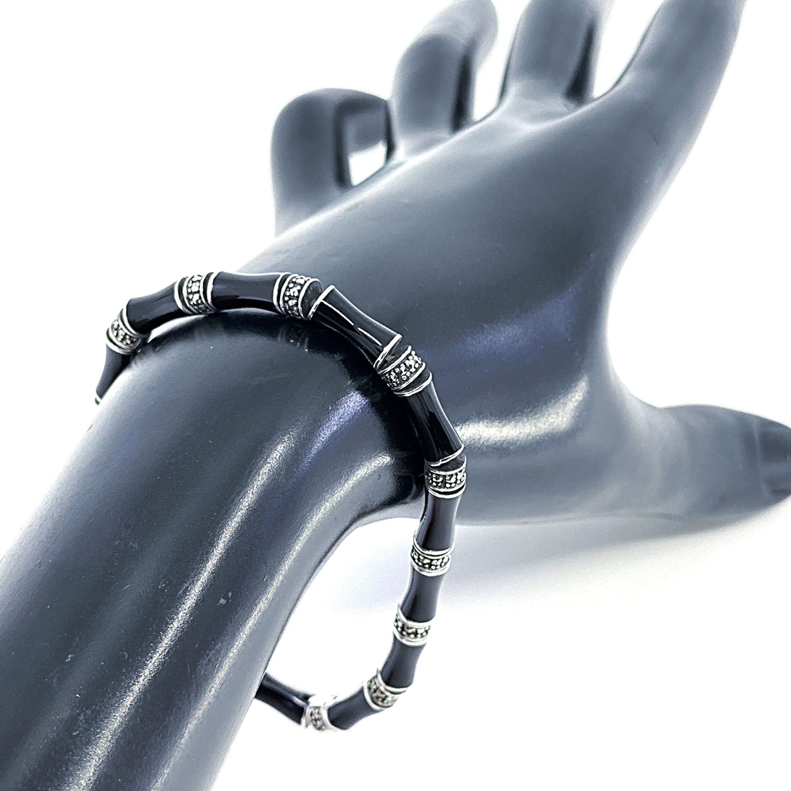 BT525 (11) Bamboo Style Bracelet Set With Black Enamel And Marcasite In 925 English Hallmarked Sterling Silver