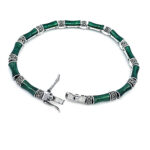 Bamboo Style Bracelet Set With Green Enamel And Marcasite In 925 English Hallmarked Sterling Silver